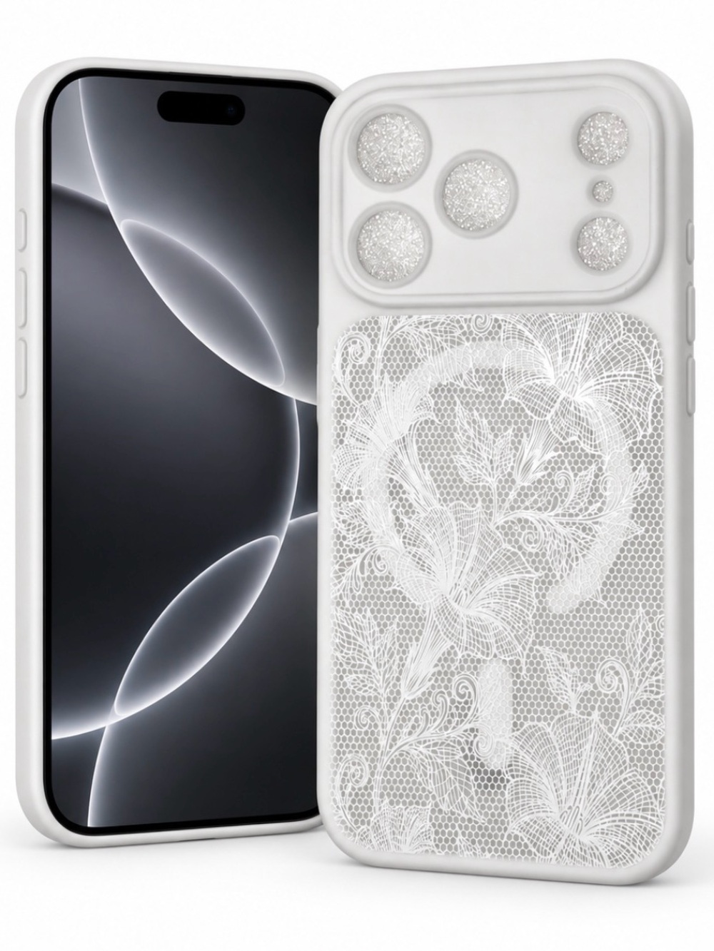 White Floral Lace Glitter Case for iPhone 16 Pro Max – New